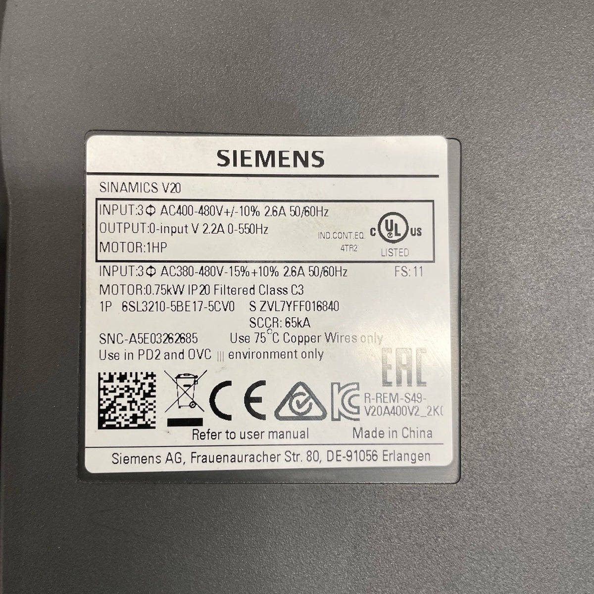 Siemens SINAMICS V20 6SL3210-5BE17-5CV0 Inverter 0,75 kW 400V1