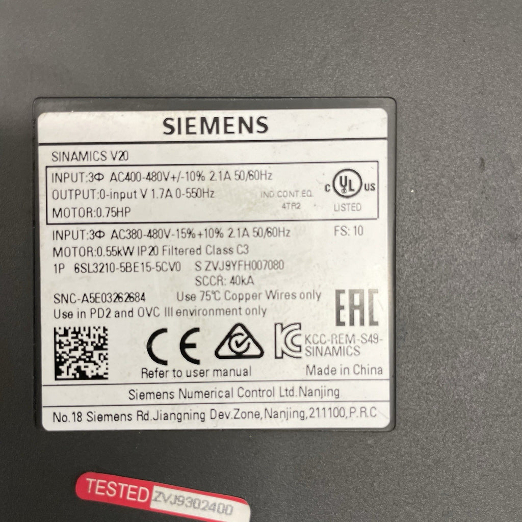 Siemens SINAMICS V20 6SL3210-5BE15-5CV0 Inverter 0,55 kW 400V2